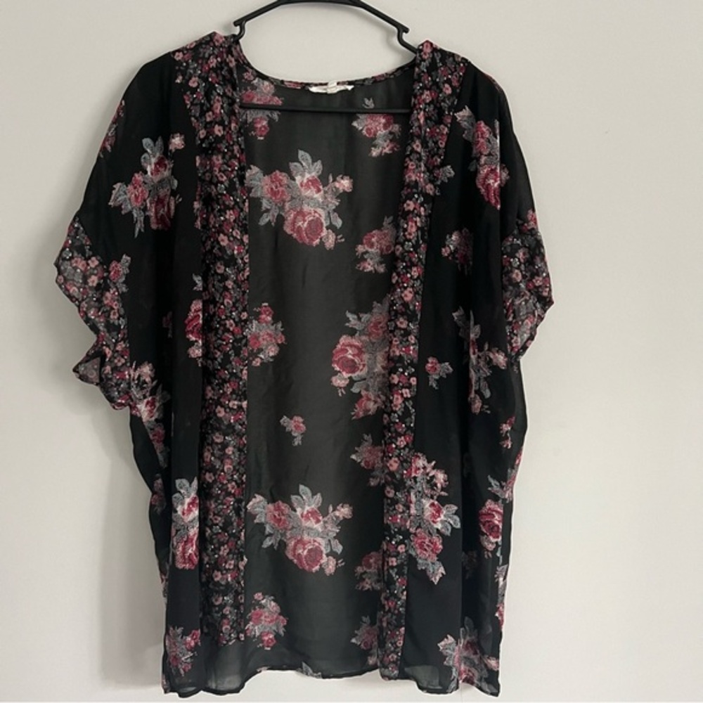 Maurices Black Floral Print Sheer Open Front Kimono